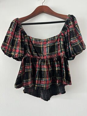 Francesca's Collections Black Plaid Velvet Peasant Top with Red & Gold Stripes